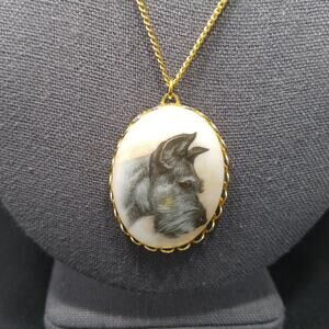 1960s Schnauzer Dog Pendant Necklace Ceramic Portrait Gold Tone Vintage Jewelry